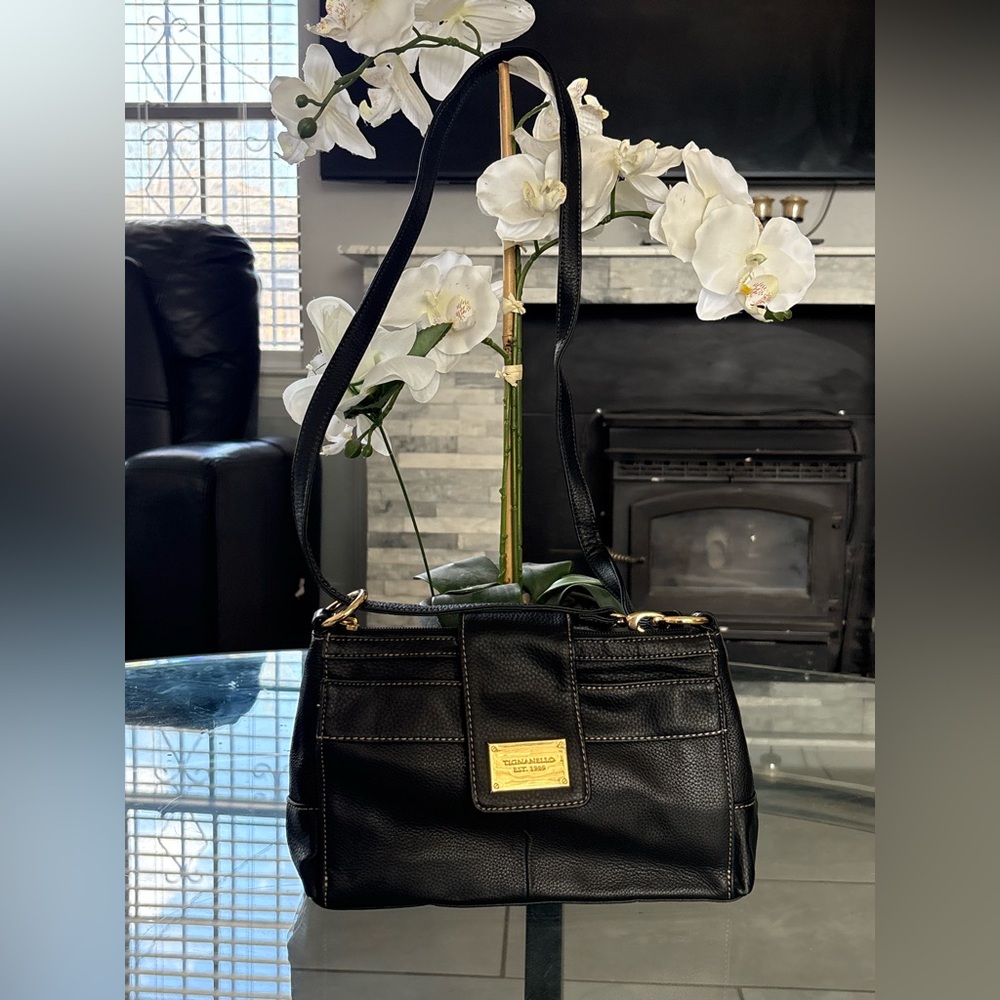 Tignanello Black Leather Shoulder Bag with Gold Accents